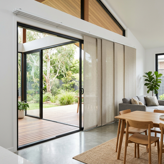 Panel glide blinds on a wide sliding door in a modern Australian home