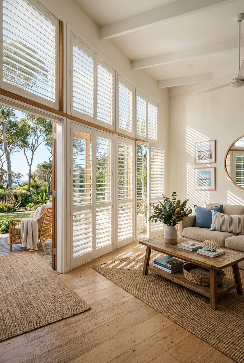 Plantation shutters in a living room