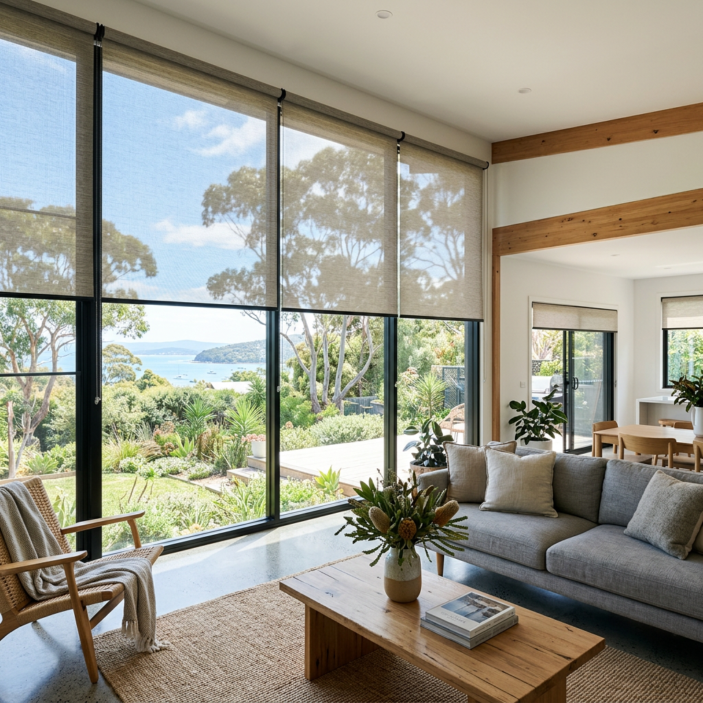 Sunscreen roller blinds in a bright Australian living room