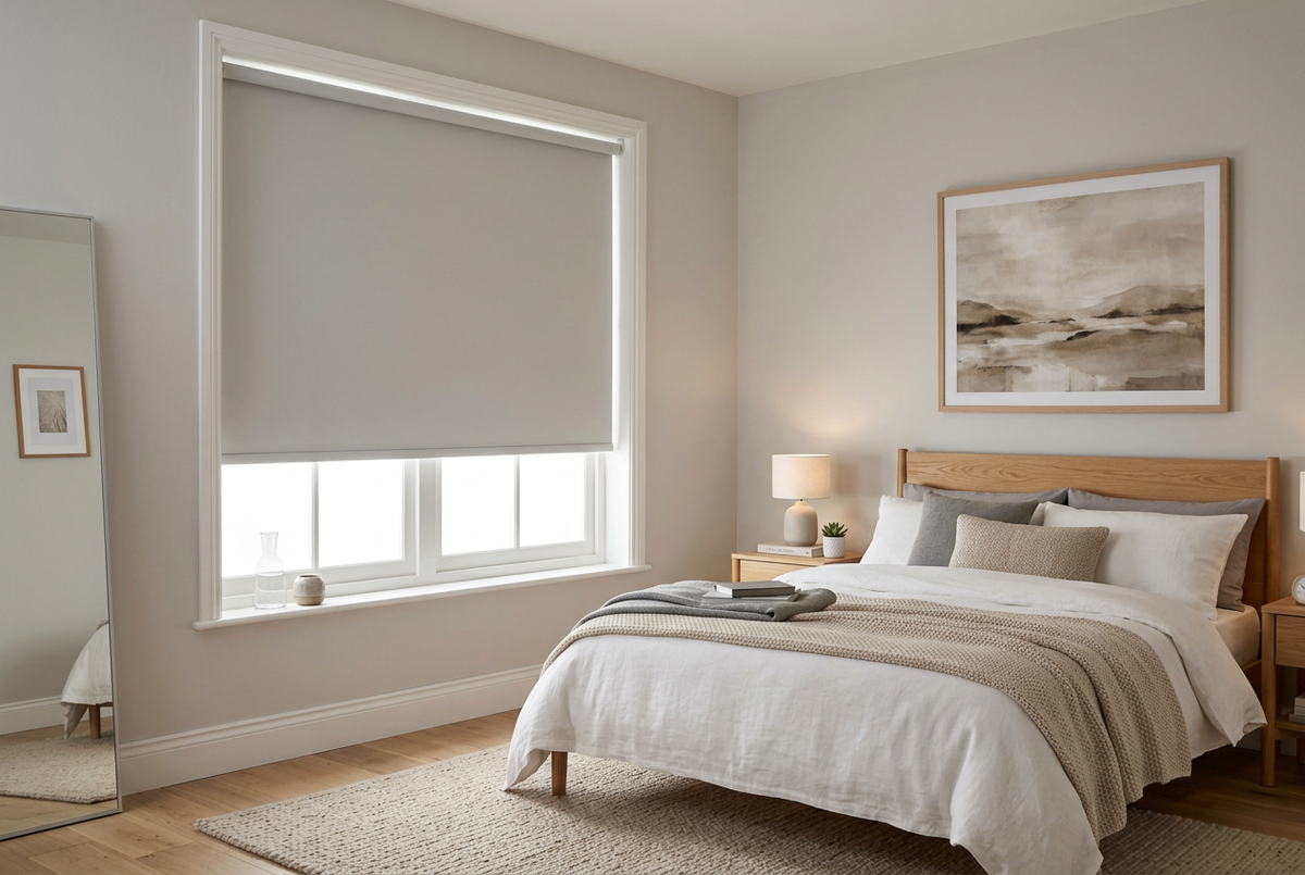 Roller blind lowered in a bedroom