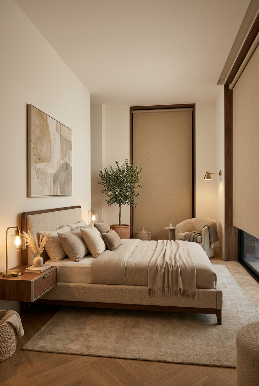 Roller blinds in a bedroom