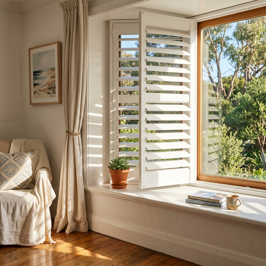 White plantation shutters in a bright Australian home
