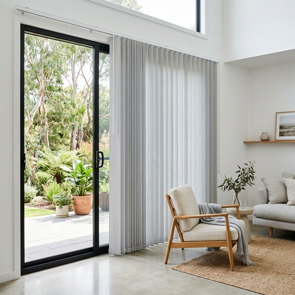 Vertical blinds on a large sliding door in a modern Australian home