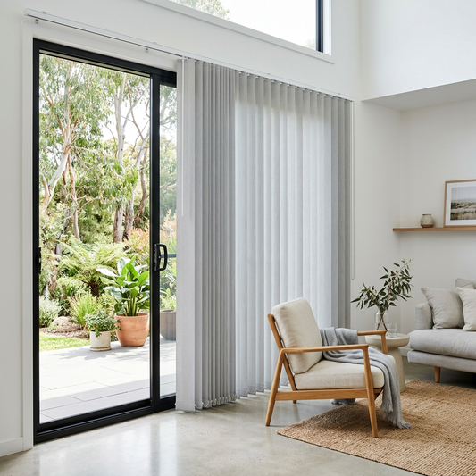 Vertical blinds on a large sliding door in a modern Australian home