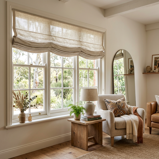 Elegant Roman blinds in a stylish Australian living room