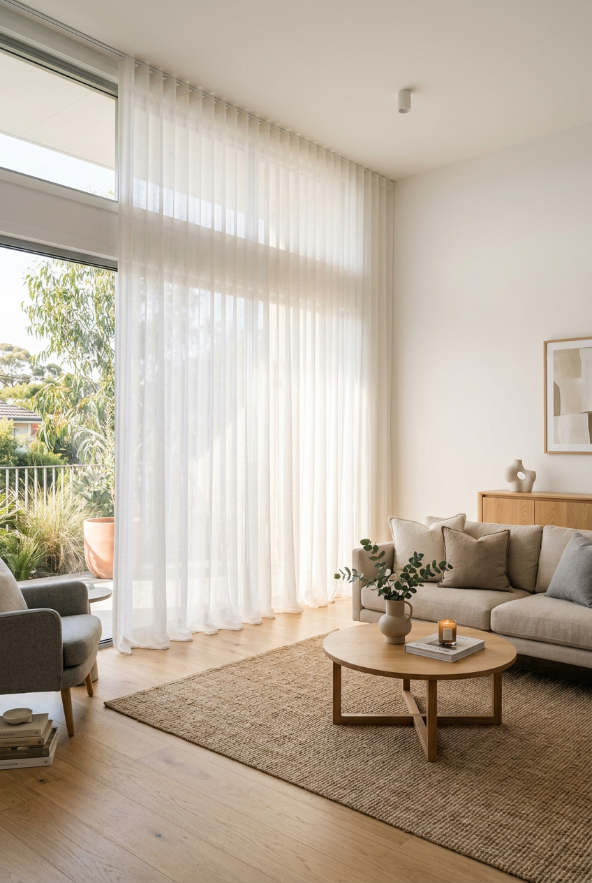 Sheer curtains beside a sofa