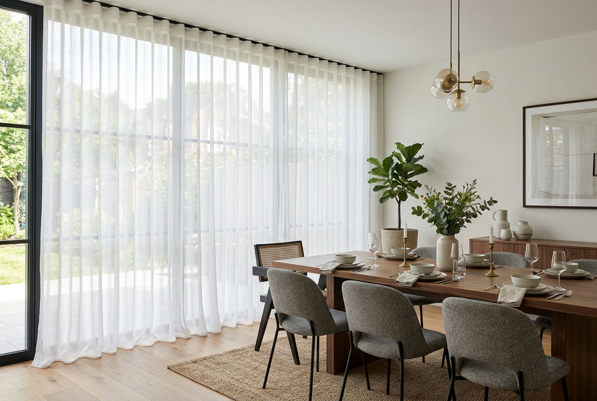 S-fold sheer curtains in a dining room